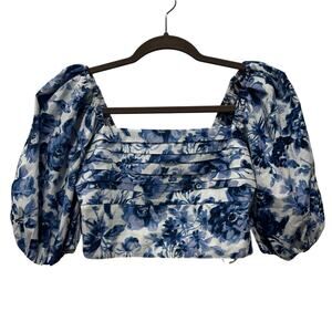 ABERCROMBIE & FITCH BLUE FLORAL PUFF SLEEVE RUCHED CROP TOP SIZE XS